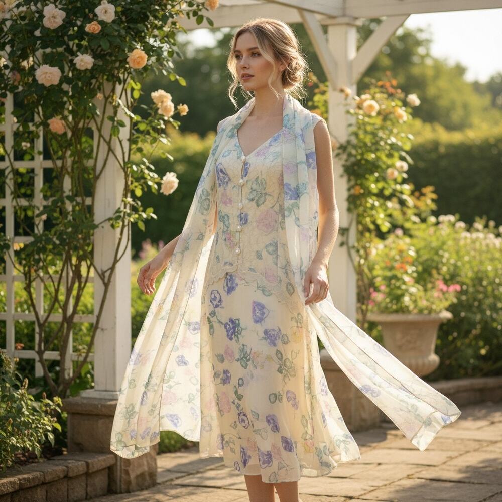 Holly Harp Pale Yellow Floral Two‎ Piece Dress Sz S Vintage Pastel Silk Chiffon